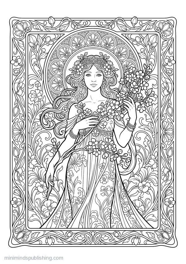 Personification of Spring Holding Blossom Branches — free printable coloring page