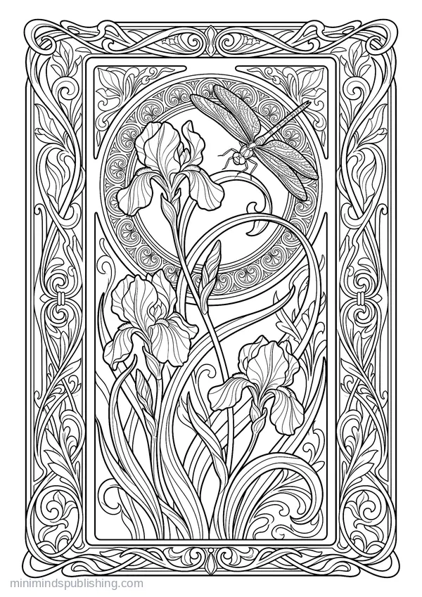 Irises and a Dragonfly in a Tall Narrow Panel — free printable coloring page