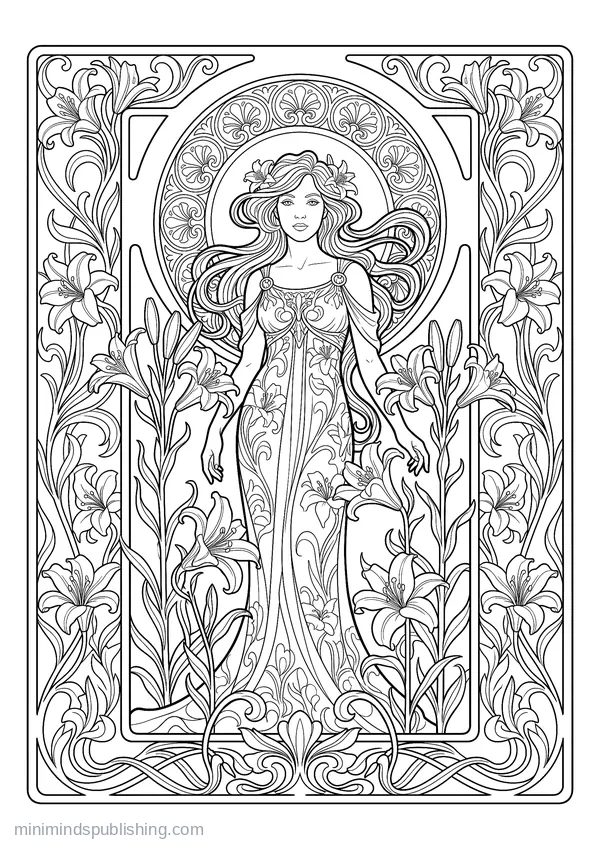 Woman among Towering Lilies — free printable coloring page