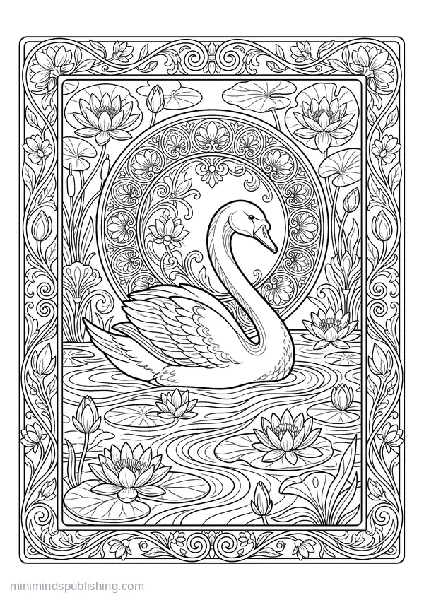 Swan Gliding through Waterlilies — free printable coloring page