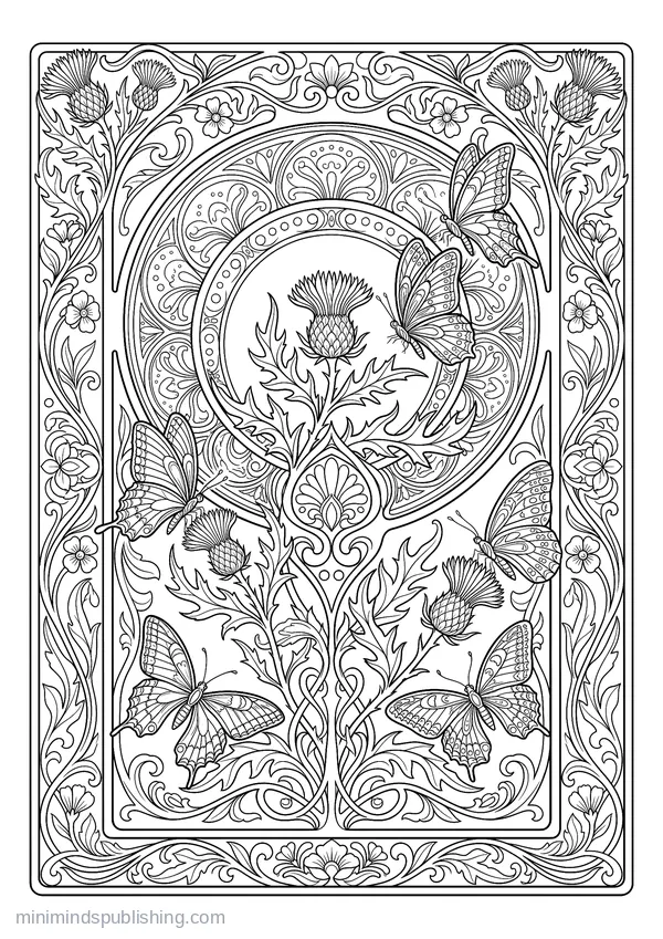 Border of Thistles and Butterflies — free printable coloring page