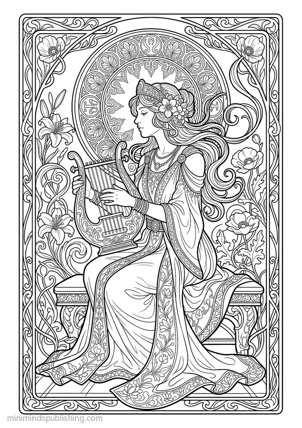 Woman Playing a Lyre beneath a Halo — free printable coloring page