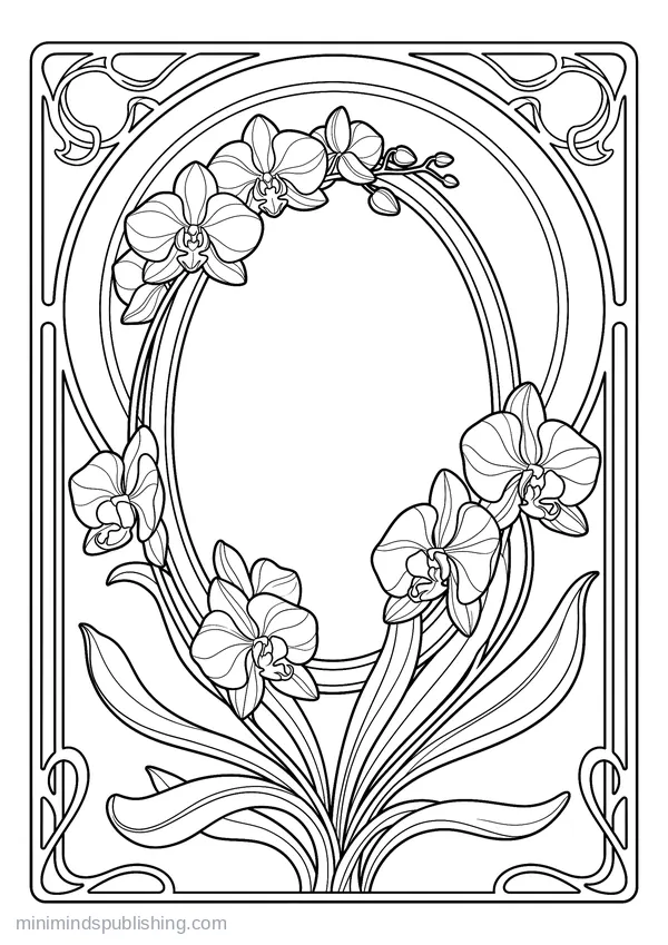 Oval Mirror Frame of Orchids — free printable coloring page