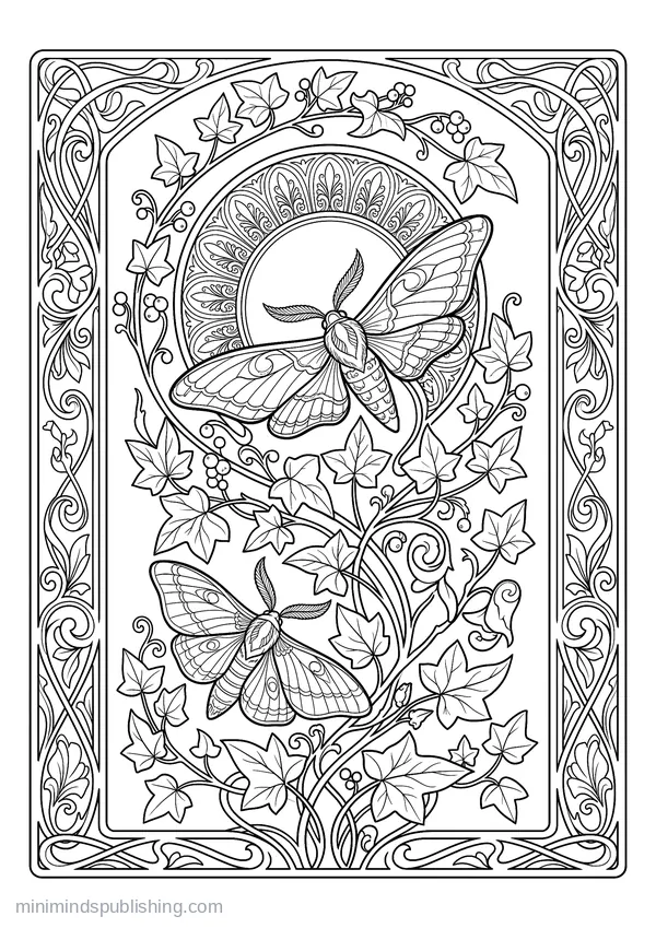 Panel of Climbing Ivy and Moths — free printable coloring page