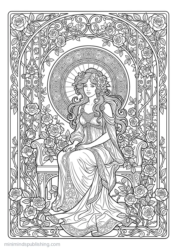 Woman Seated in a Rose Arbour — free printable coloring page