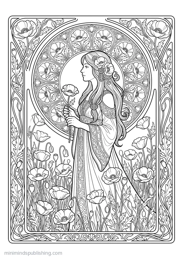 Maiden Standing in a Field of Poppies — free printable coloring page