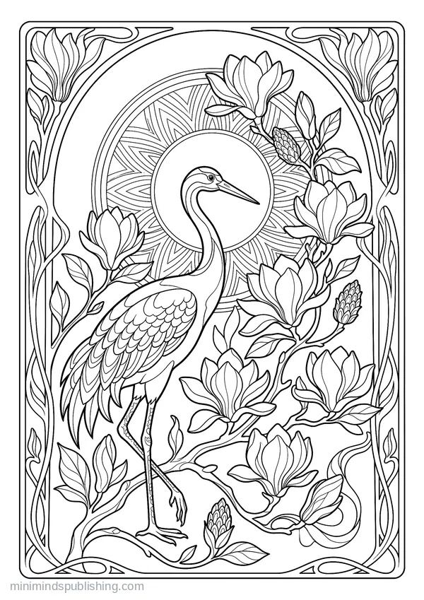 Magnolia Branches with a Standing Crane — free printable coloring page