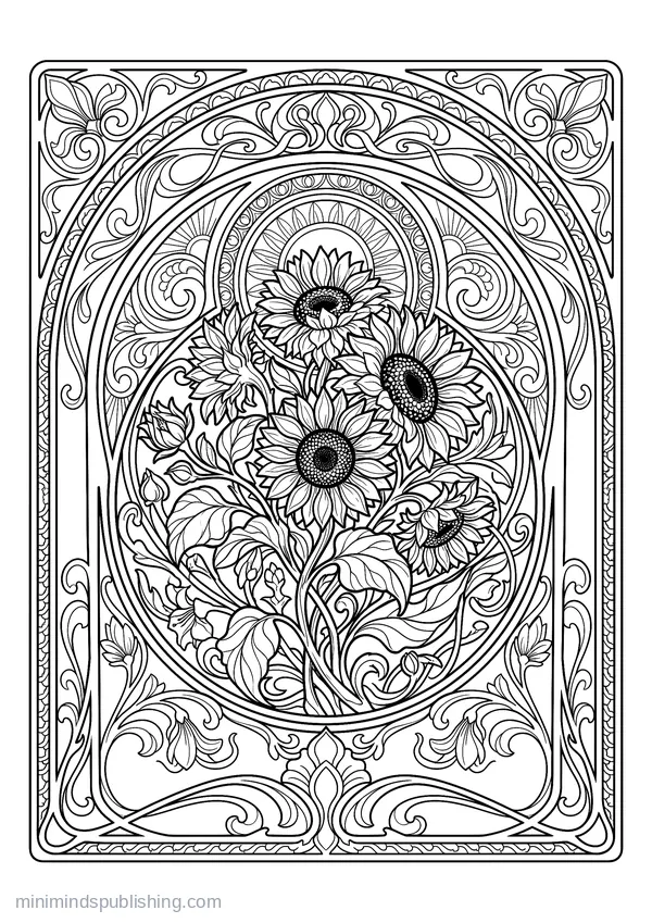 Circular Medallion of Sunflowers — free printable coloring page