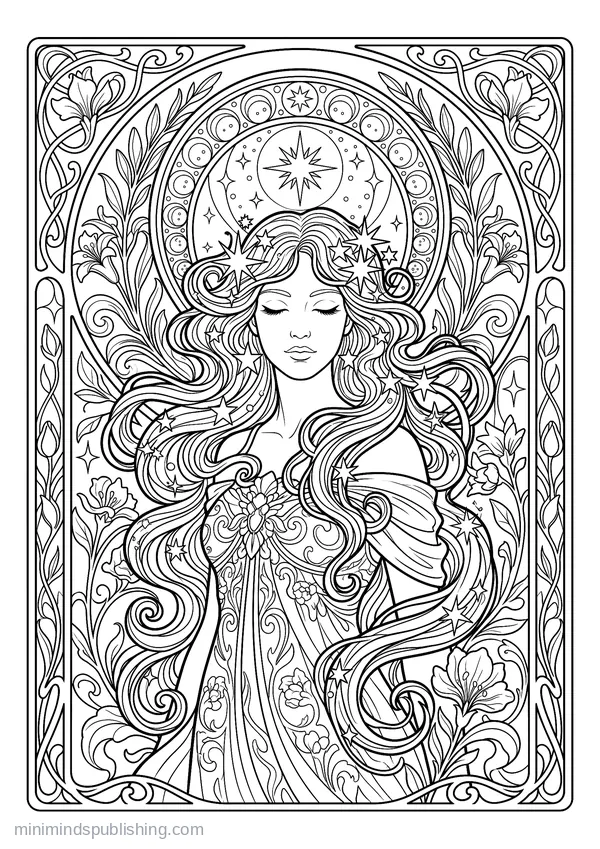 Woman with Stars Caught in Her Hair — free printable coloring page