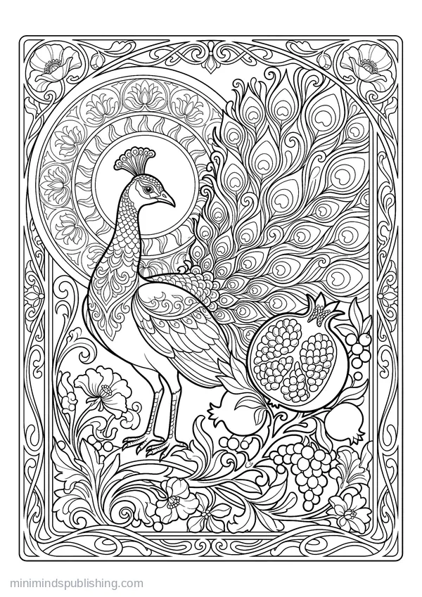 Peacock beside a Split Pomegranate — free printable coloring page