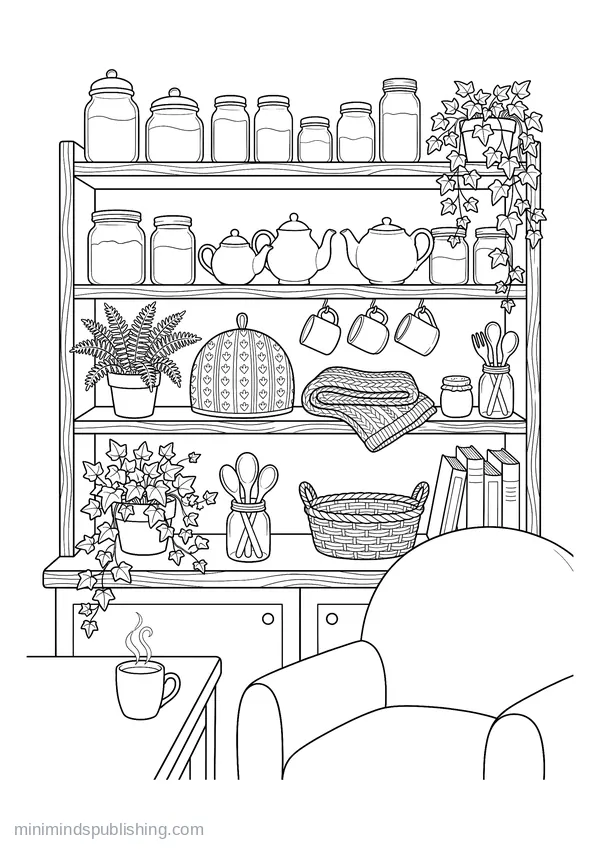 Kitchen Shelf of Storage Jars, Teapots and Hanging Mugs — free printable coloring page