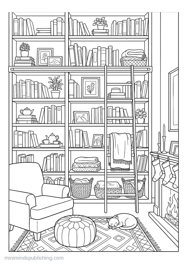 Floor-to-ceiling Bookshelf Wall with a Rolling Ladder — free printable coloring page