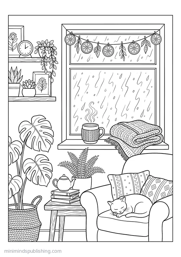 Rain-streaked Window with a Steaming Mug and a Folded Blanket — free printable coloring page