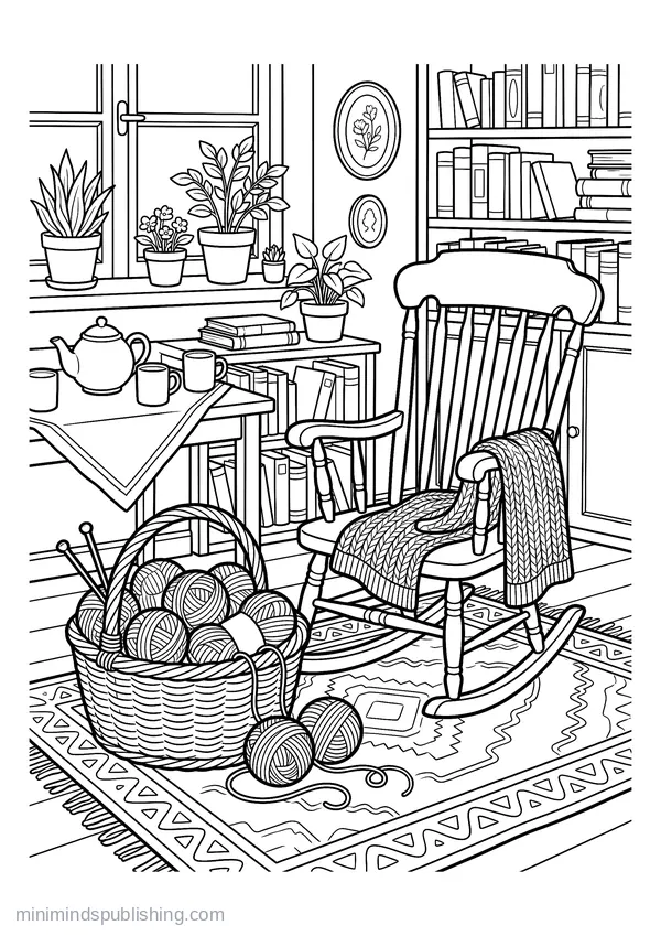 Knitting Basket Spilling Yarn beside a Rocking Chair — free printable coloring page