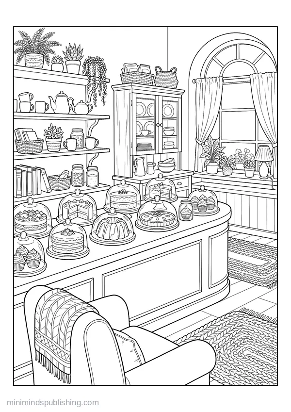 Bakery Counter of Cakes Under Glass Domes — free printable coloring page