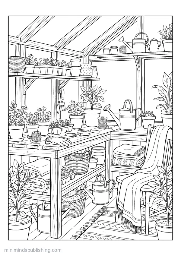Greenhouse Potting Bench with Seed Trays and Watering Cans — free printable coloring page