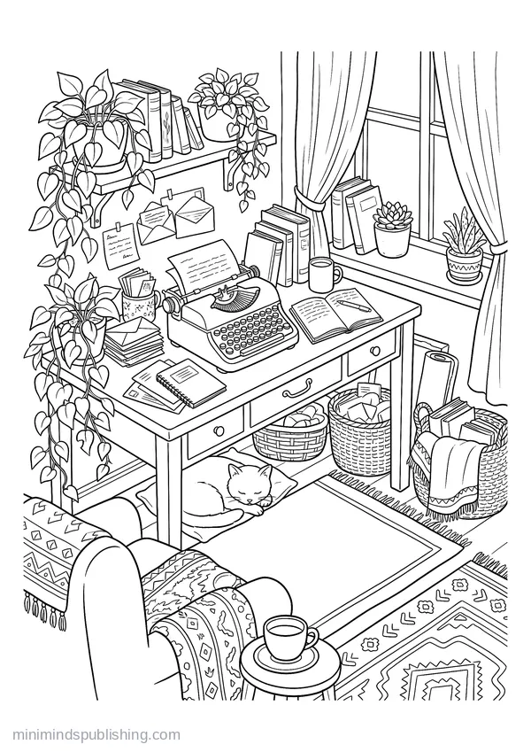 Writing Desk with a Typewriter — free printable coloring page