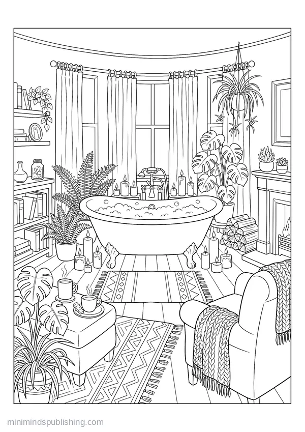 Claw-foot Bathtub Ringed with Candles and Ferns — free printable coloring page
