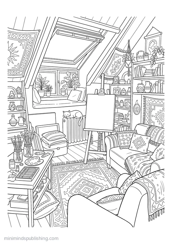 Attic Studio with an Easel, Brushes and a Skylight โ free printable coloring page