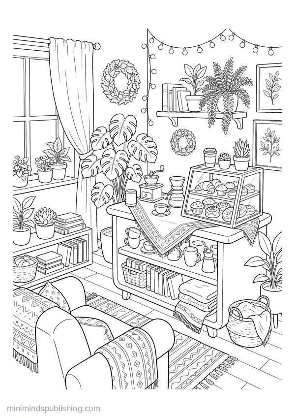 Corner Coffee Cart with Cups, Grinder and Pastries โ free printable coloring page