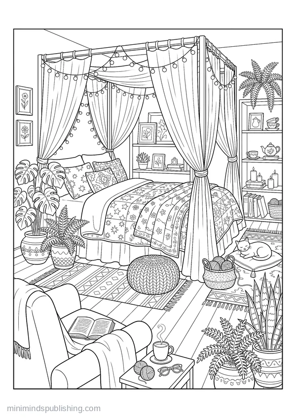 Canopy Bed Strung with Fairy Lights and Quilts โ free printable coloring page