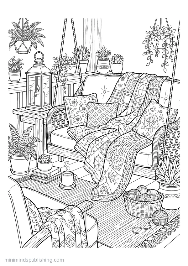 Porch Swing Piled with Quilts beside a Lantern โ free printable coloring page