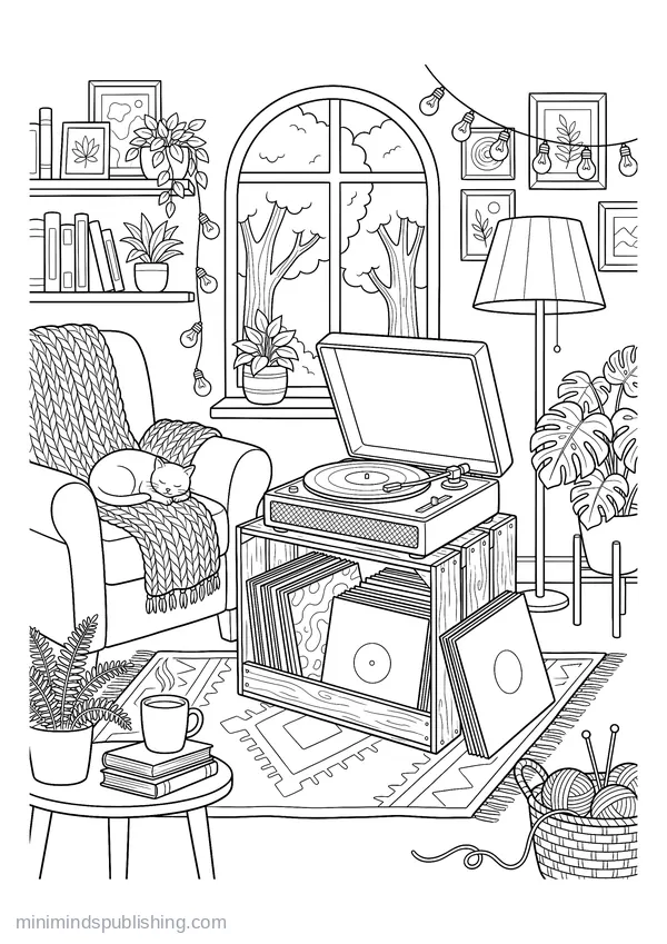 Record Player on a Crate of Vinyl Sleeves โ free printable coloring page