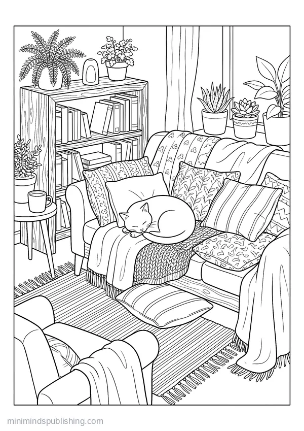 Heap of Cushions with a Cat Asleep in the Middle โ free printable coloring page