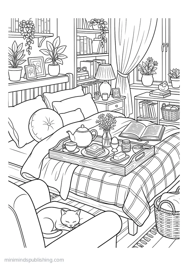 Breakfast Tray in Bed with Teapot, Toast and a Book โ free printable coloring page
