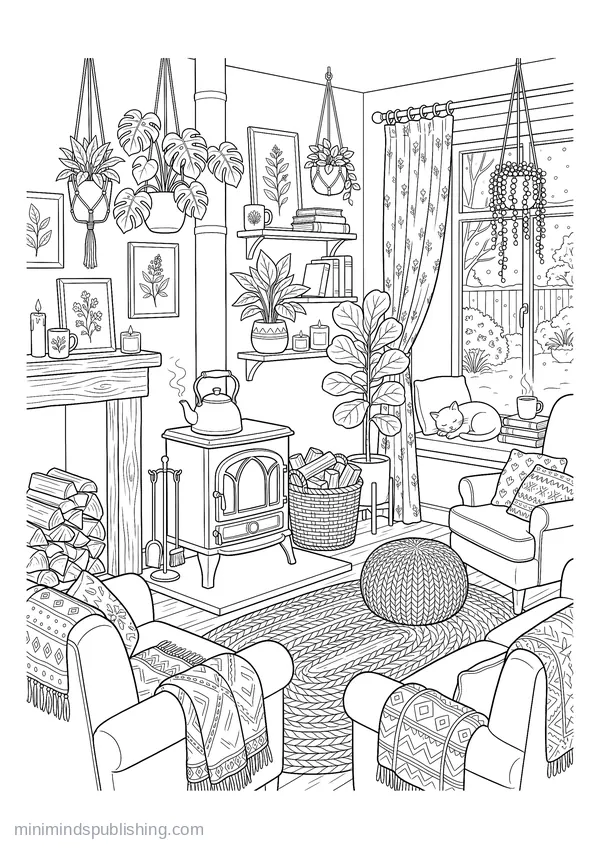Wood Stove with a Kettle and a Basket of Firewood โ free printable coloring page