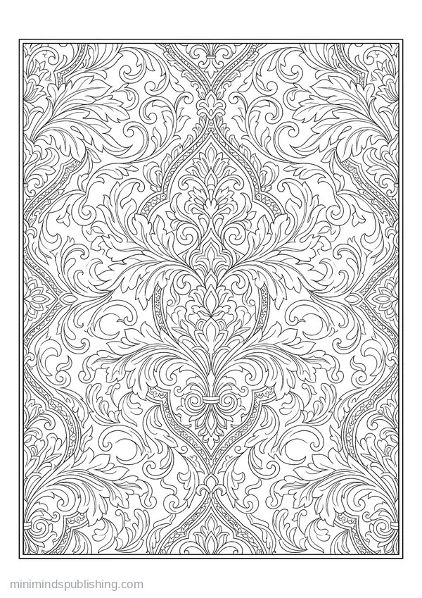 Symmetrical Damask Repeat of Scrolling Leaves — free printable coloring page
