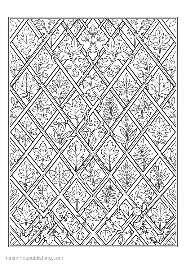 Diagonal Lattice with Leaves Growing through It — free printable coloring page