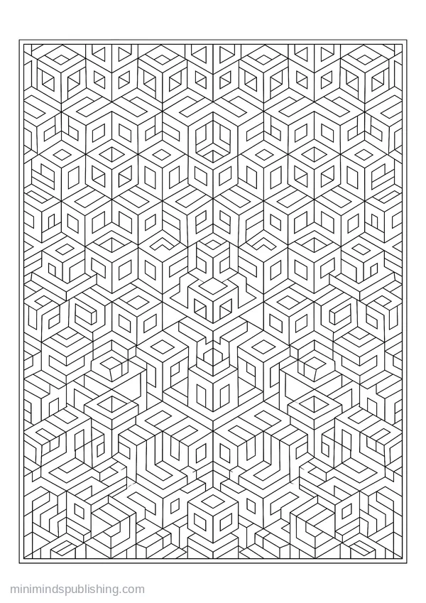 Op-art Tessellation of Stacked Cubes — free printable coloring page
