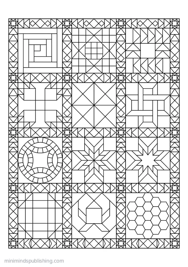 Sampler of Twelve Different Patchwork Quilt Blocks — free printable coloring page