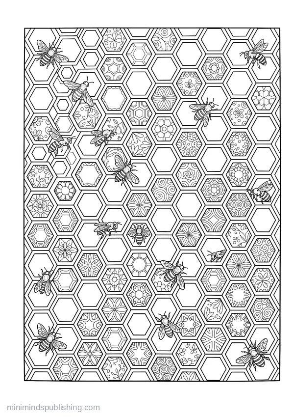 Honeycomb of Hexagon Cells with Bees between Them — free printable coloring page