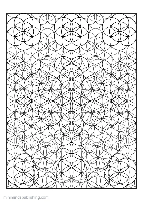 Grid of Overlapping Circles Forming a Seed-of-life Field โ free printable coloring page