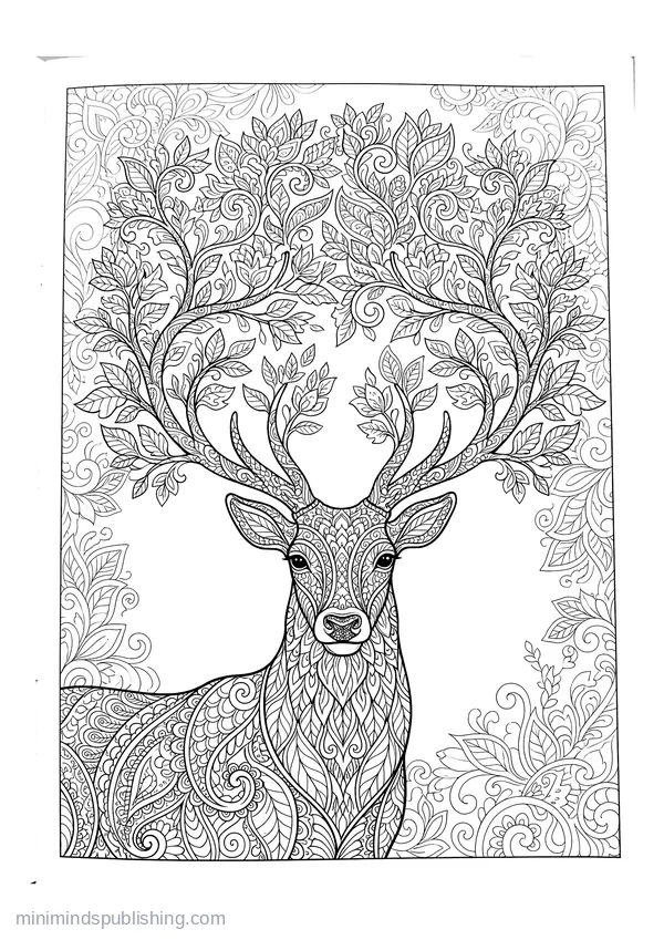 Stag Whose Antlers Branch into Leafy Trees — free printable coloring page