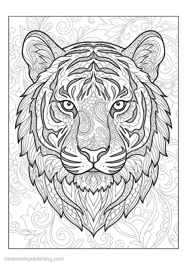 Tiger Facing Forward, Stripes Filled with Fine Pattern — free printable coloring page