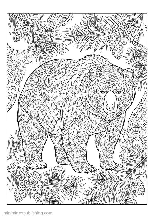 Bear Standing among Pine Boughs — free printable coloring page