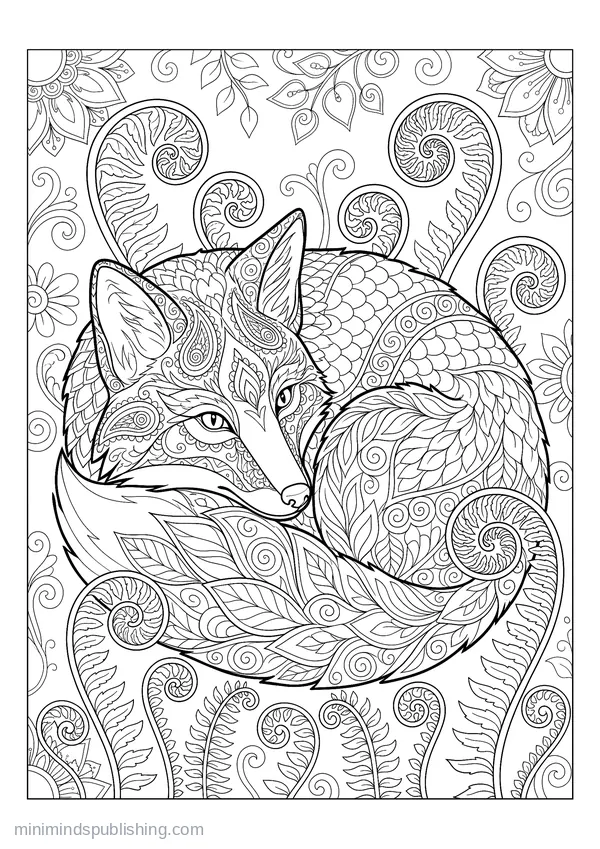 Fox Curled among Unfurling Ferns — free printable coloring page