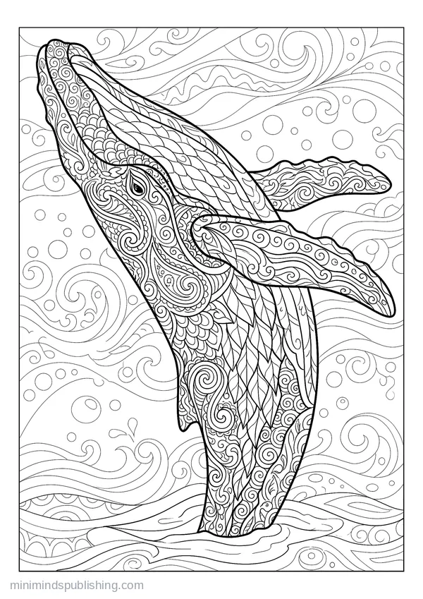 Breaching Whale Whose Body Is Filled with Wave Patterns — free printable coloring page