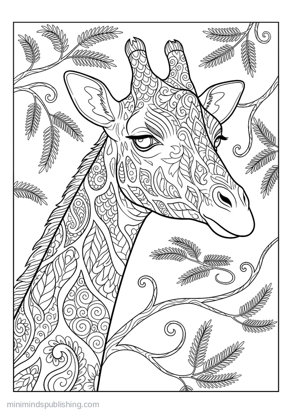 Giraffe with a Decorated Coat and Acacia Leaves — free printable coloring page