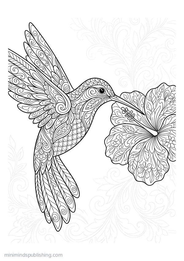 Hummingbird Hovering at a Hibiscus Flower — free printable coloring page