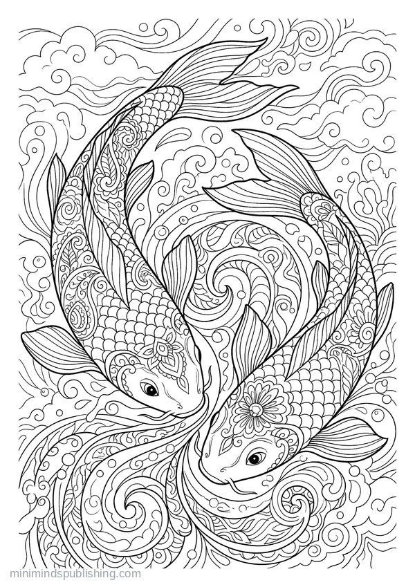 Pair of Koi Carp Circling in Patterned Water — free printable coloring page