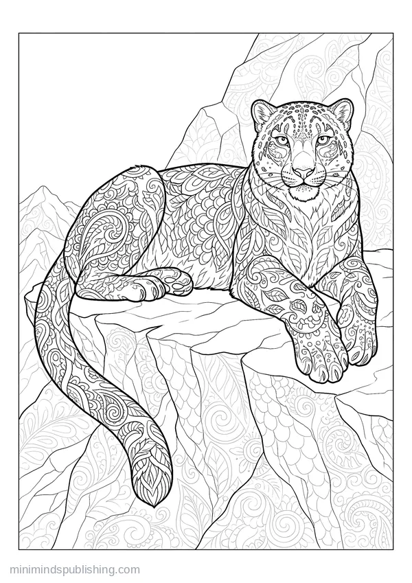 Snow Leopard on a Rocky Ledge — free printable coloring page