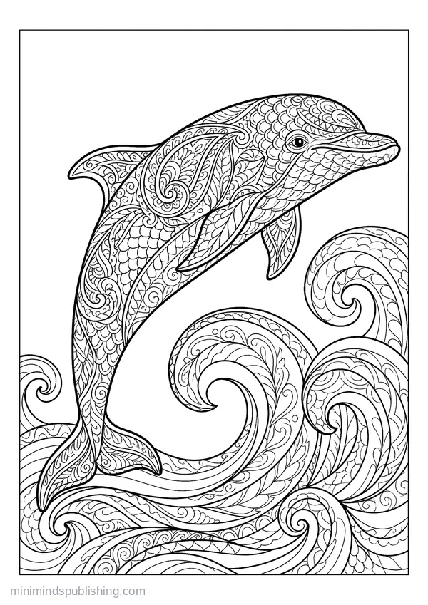 Dolphin Leaping through Curling Waves — free printable coloring page