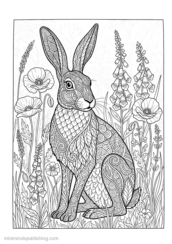 Hare Sitting among Tall Wildflowers — free printable coloring page