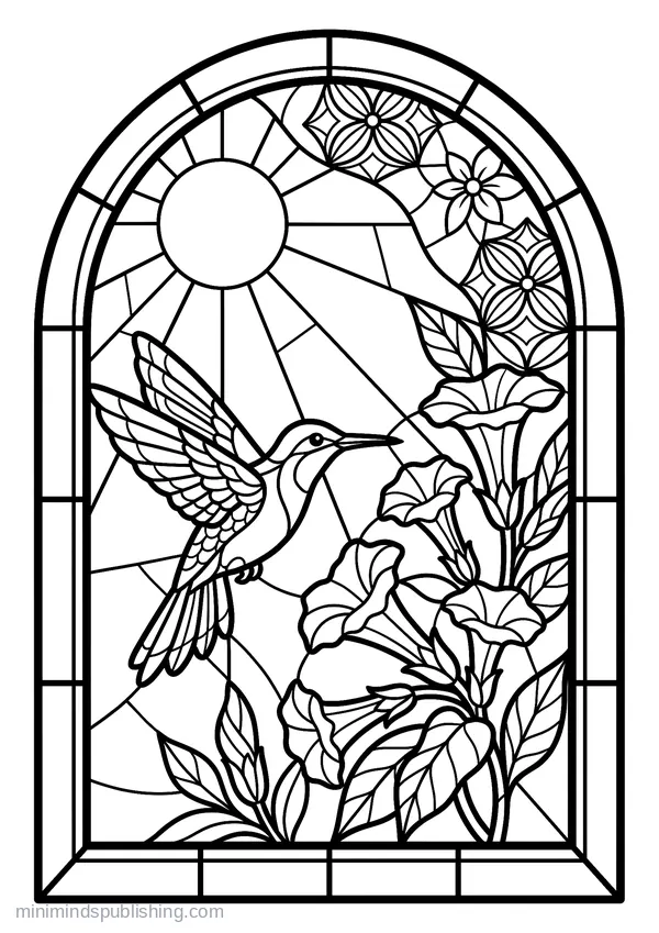Hummingbird at Trumpet Flowers — free printable coloring page