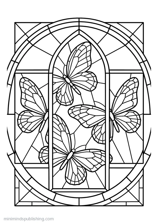 Three Butterflies in a Triptych Window — free printable coloring page