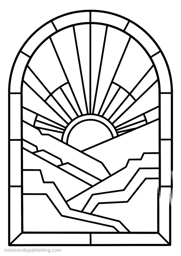 Art Deco Sunburst over Stepped Hills — free printable coloring page